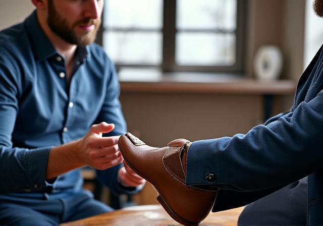 전문가가 고객의 발 치수를 측정하는 모습